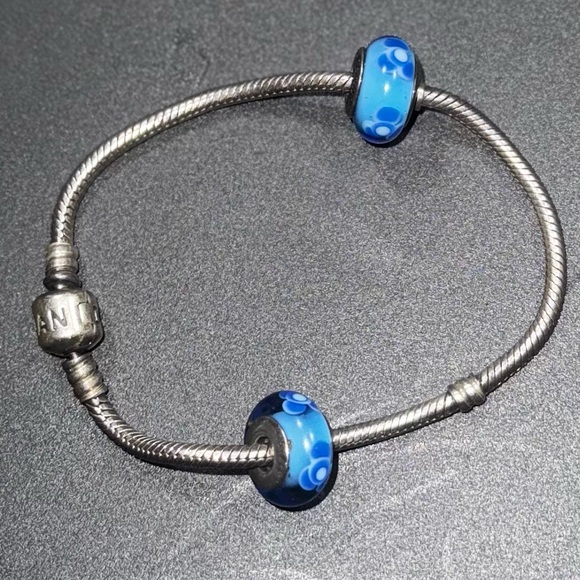 Pandora Snake Chain Bracelet with 2 Royal Blue Glass Beads - Picture 1 of 4